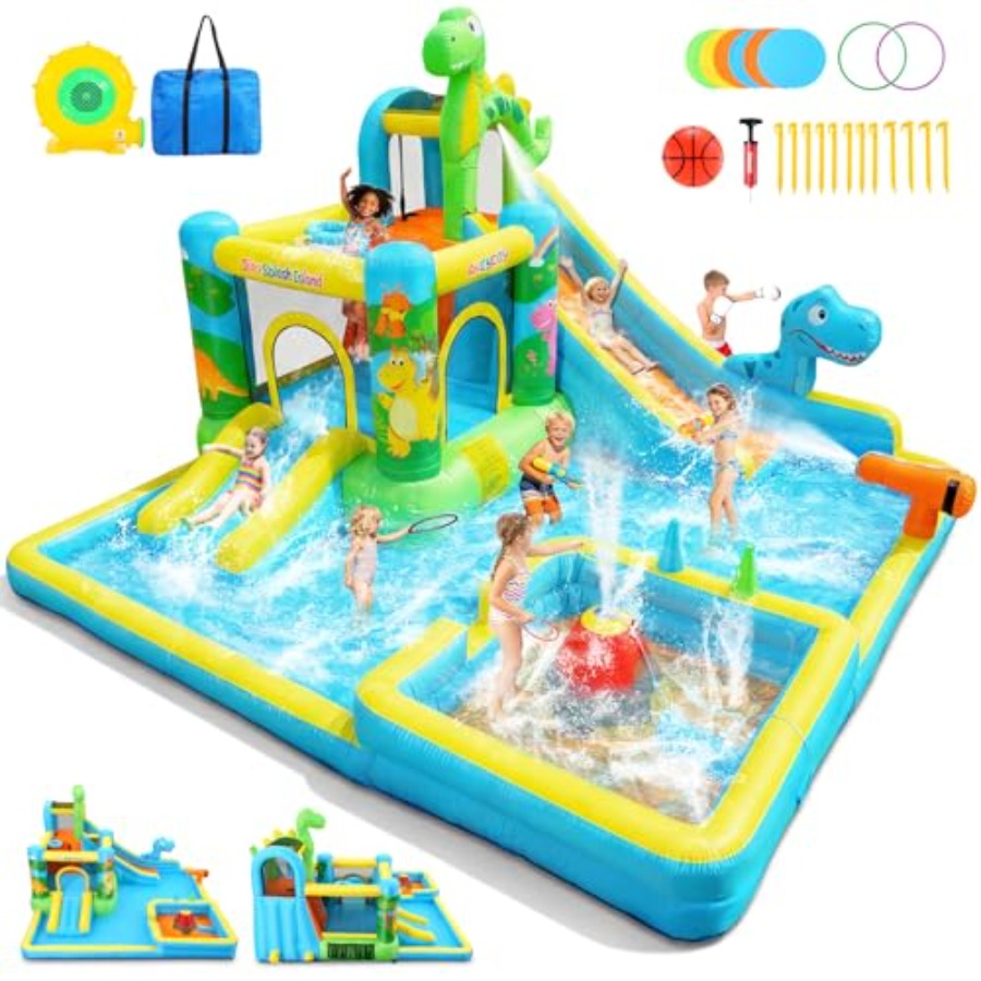 Kids Outdoor Water Slide - Outdoor backyard inflatable water slide: dinosaur-themed