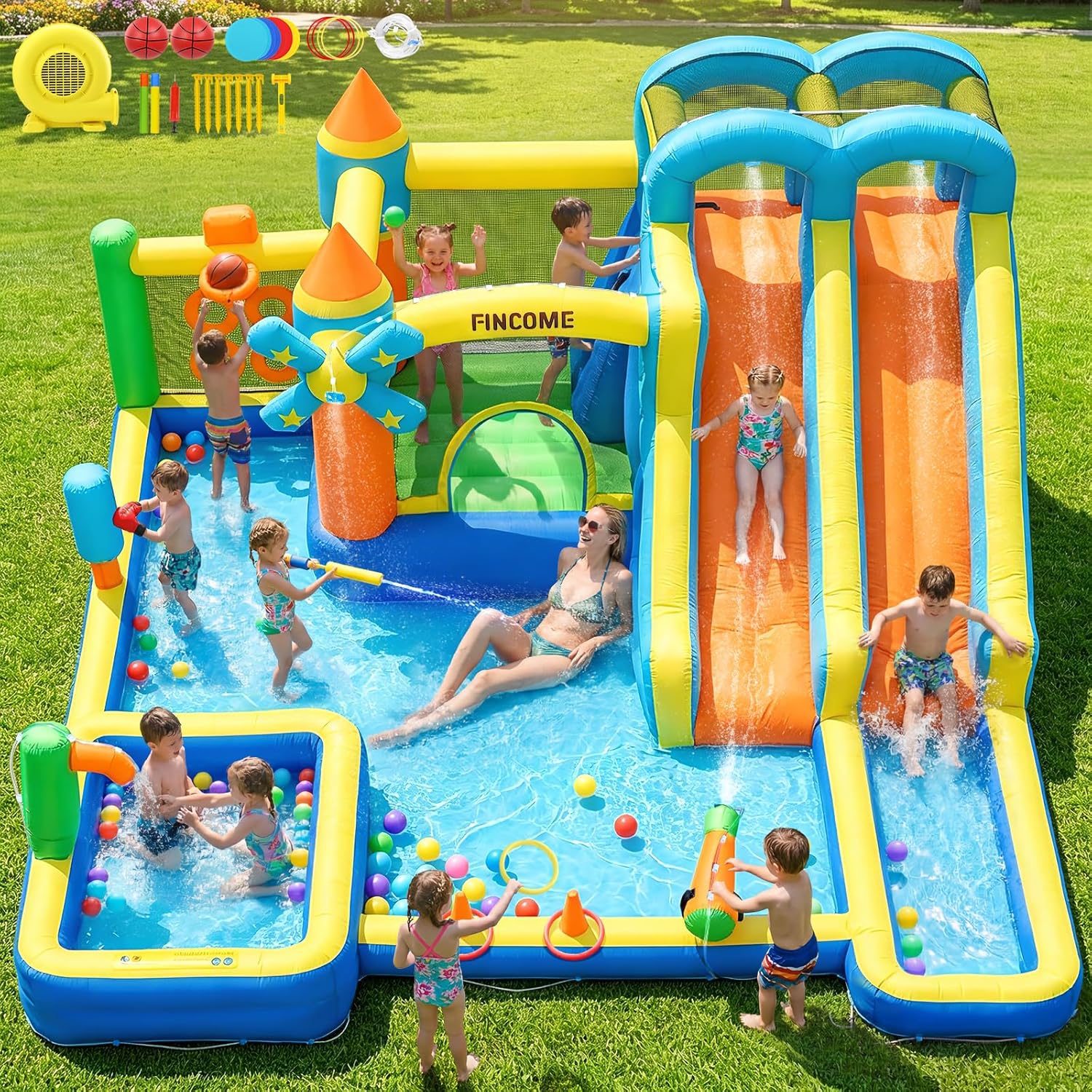 Kids Outdoor Water Slide - 10-in-1 Inflatable Bouncy Castle with Dual