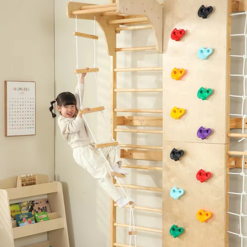 Kids Outdoor Wooden Climbing Frame - Indoor Monkey Bars Kids Wooden Climbing