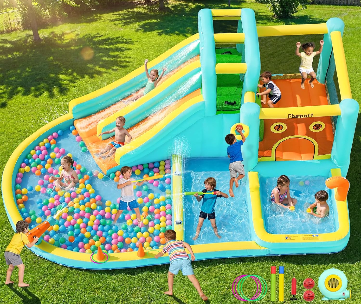 Kids Outdoor Water Slide - Double Slide Inflatable Water Park Bouncy